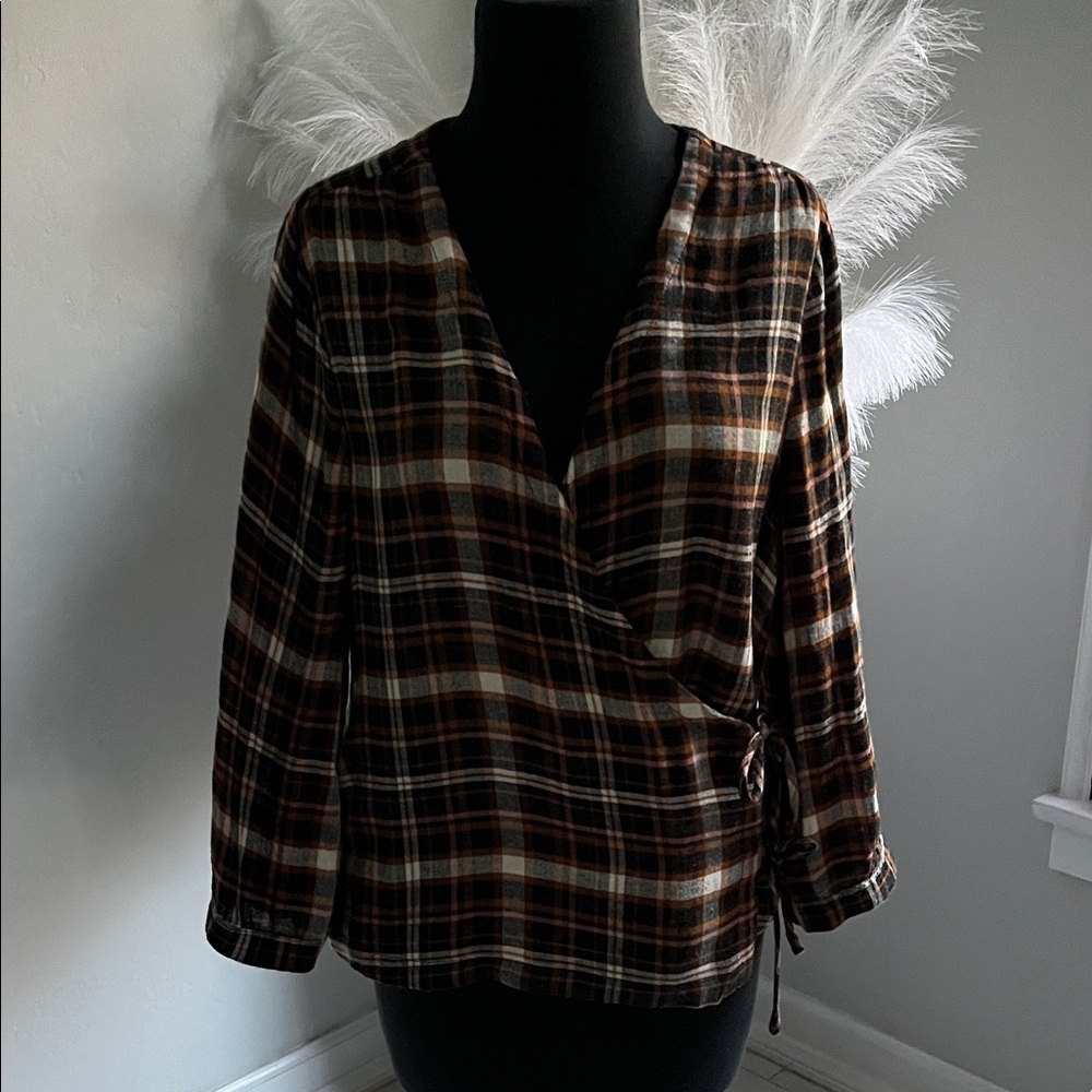 Madewell Brown Plaid Wrap Blouse